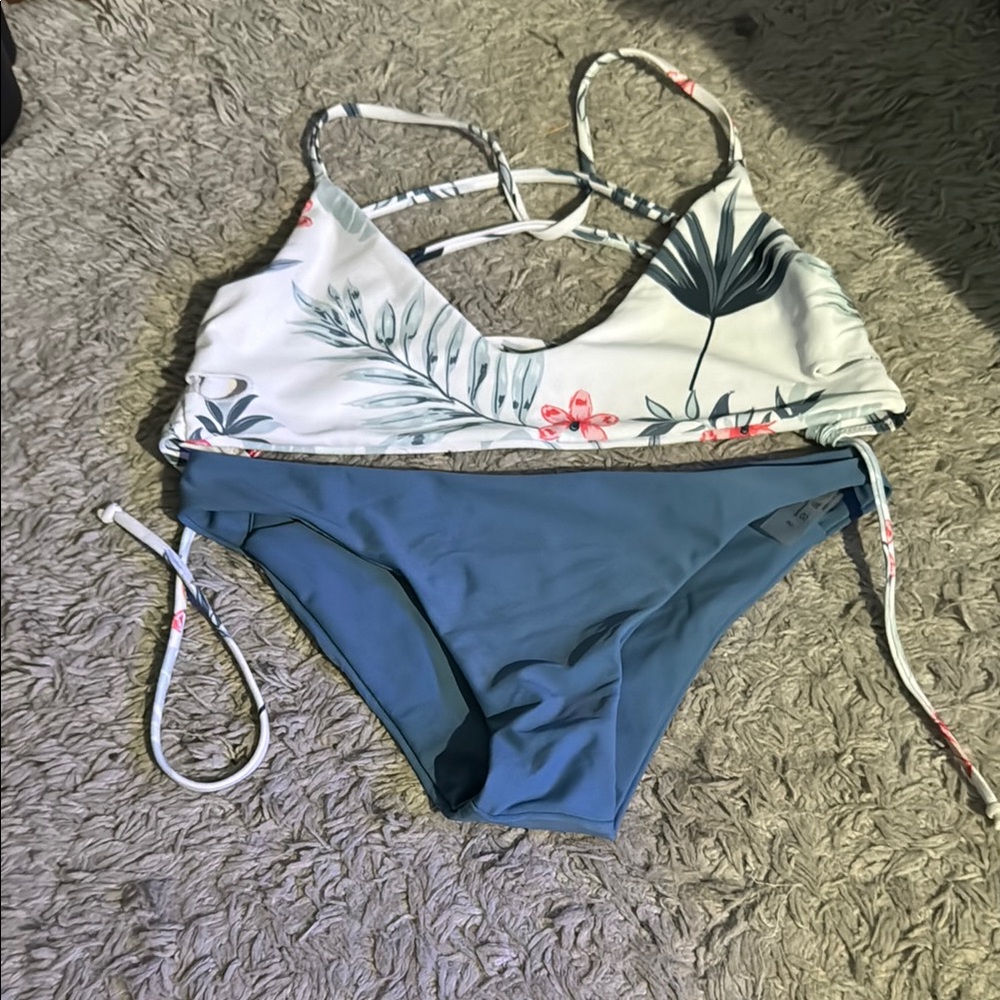 SHEIN Tropical Print Bikini - White and Blue